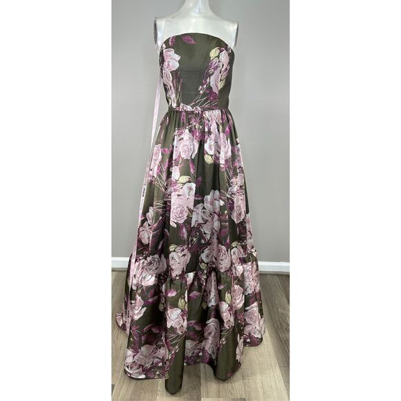 NWOT MAC DUGGAL Green Strapless Bottom Ruffle Floral Gown Size US 8 $698 - Picture 3 of 9